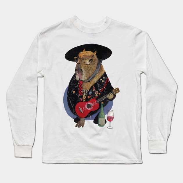 Capybara ukulele player wine lover Long Sleeve T-Shirt by argiropulo